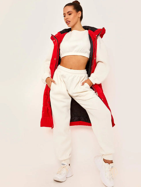 RISING WOMEN’S QUILT HOODED LONG JACKET - RED